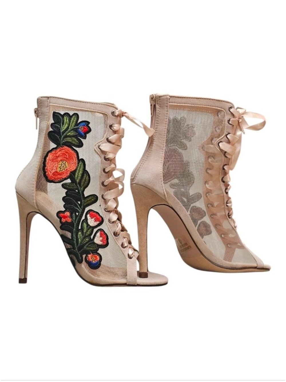 Floral Embroidered Mesh Lace-Up Stiletto Heels With Back Zipper - Picture 13 of 13